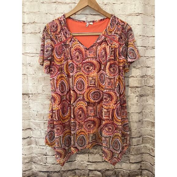 Cato Shirt Womens Medium Pink Swirl Print Mesh Lined Boho Flowy Short Sleeve - Picture 1 of 12